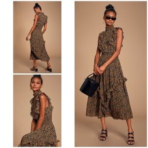 NWT Lulu’s Evalina Mustard Yellow Floral Print Ruffle Mock Neck Midi Dress XXS‌